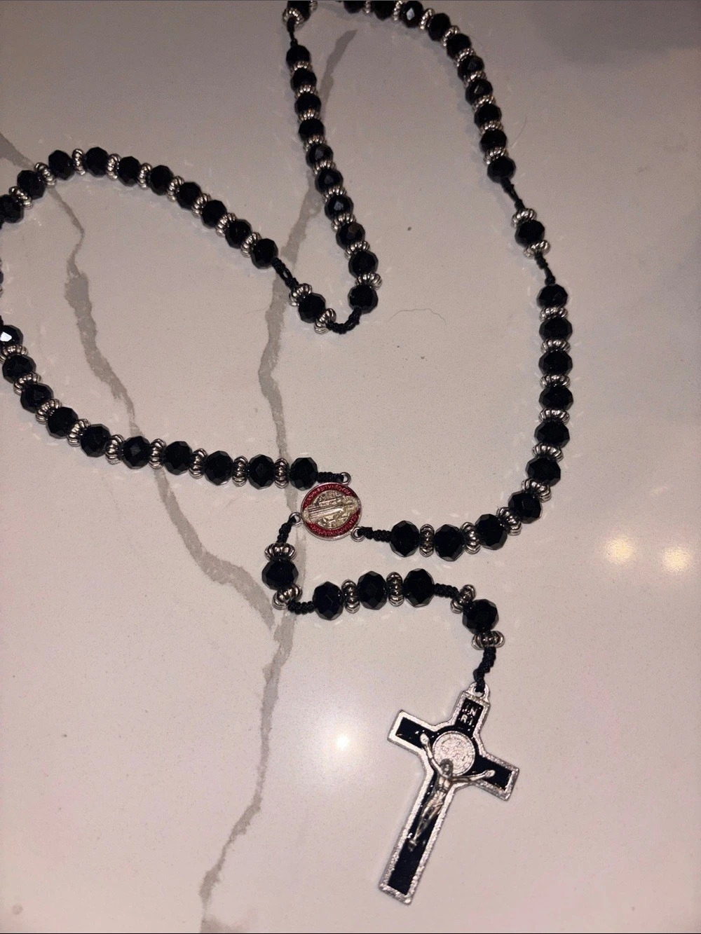 Black Glass Beaded Rosary Necklace